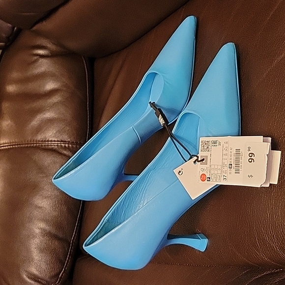 Zara Shoes - ZARA Blue Leather Plunger Point Toe Heel Size 37 (6.5US), New, Never Worn